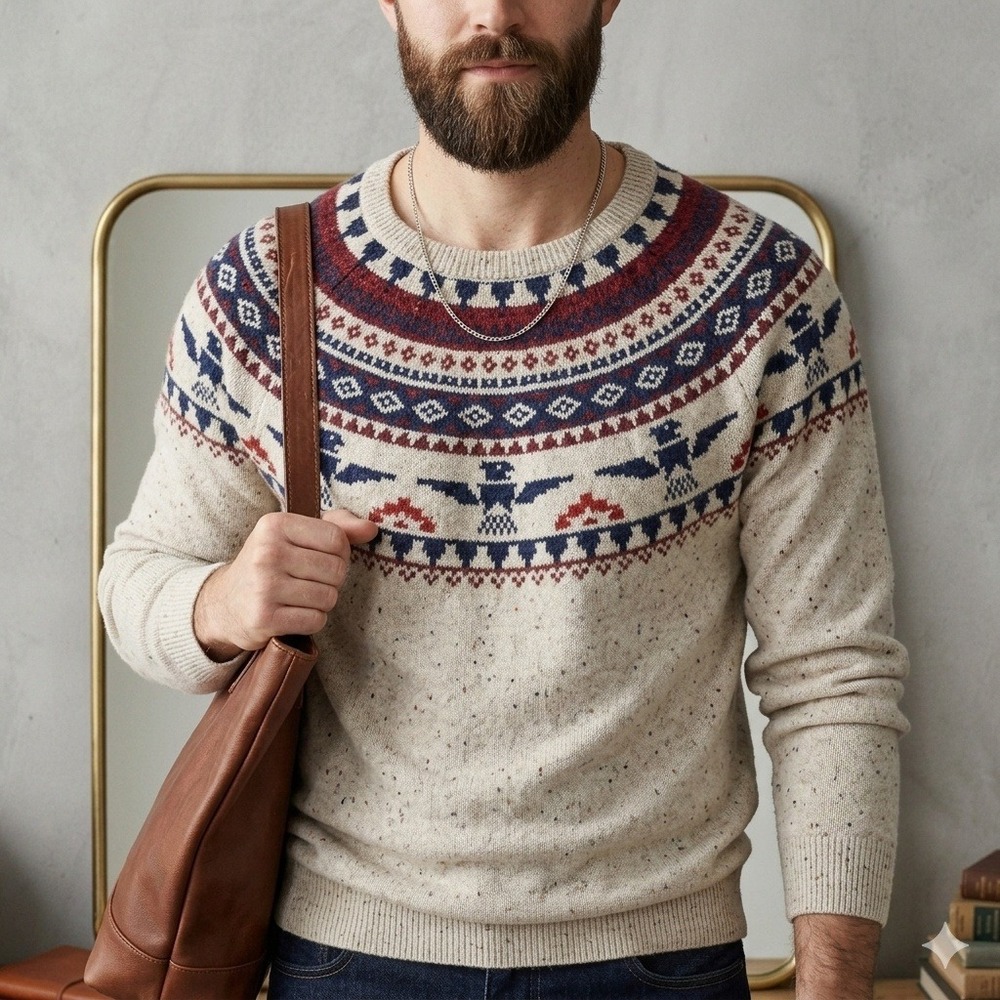 On The Byas Speckled Aztec Sweater Long Sleeve Crewneck Pullover Cream Small